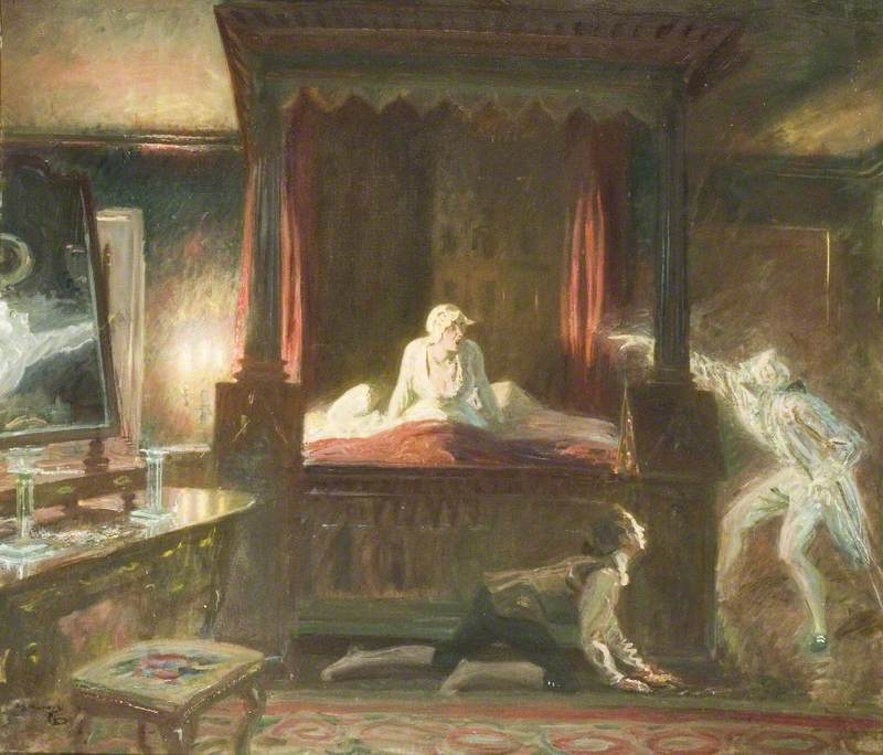 A ghostly figure appears in a haunted house in Alfred James Munnings' "The Haunted Room," 1952.